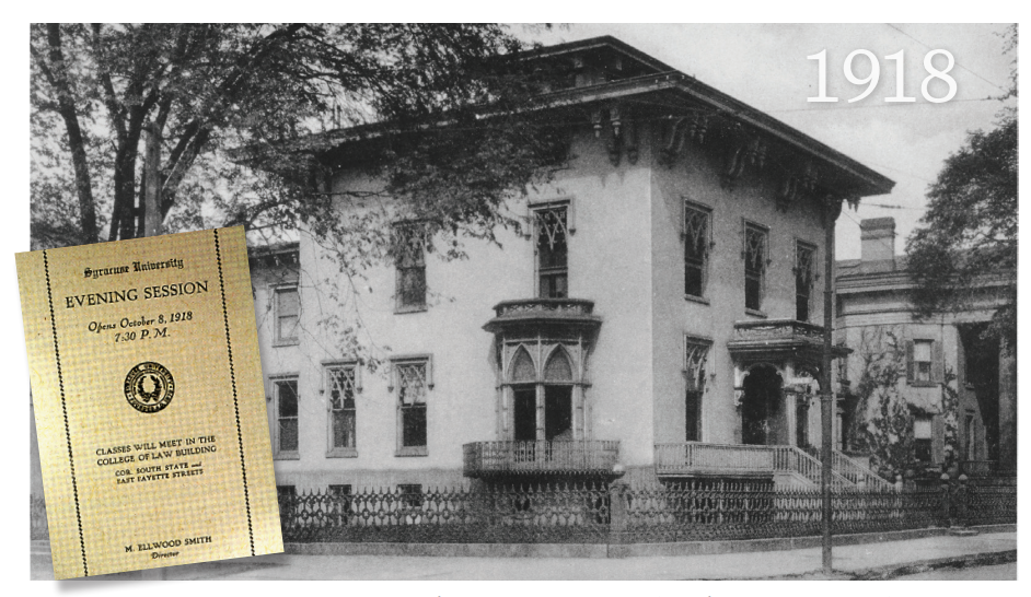 The Crouse Mansion (later the SU College of Law) was home to the first Syracuse University evening classes on October 8, 1918.
