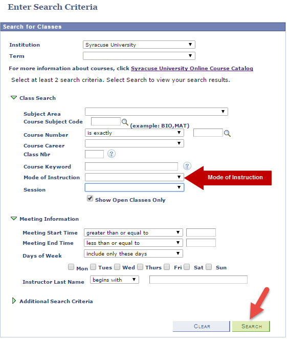 Screenshot of MySlice Search Criteria screen with red arrow pointing to mode of instruction field