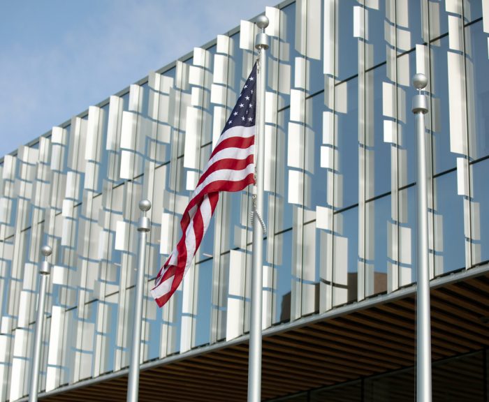 Flag waiving outside of the NVRC building