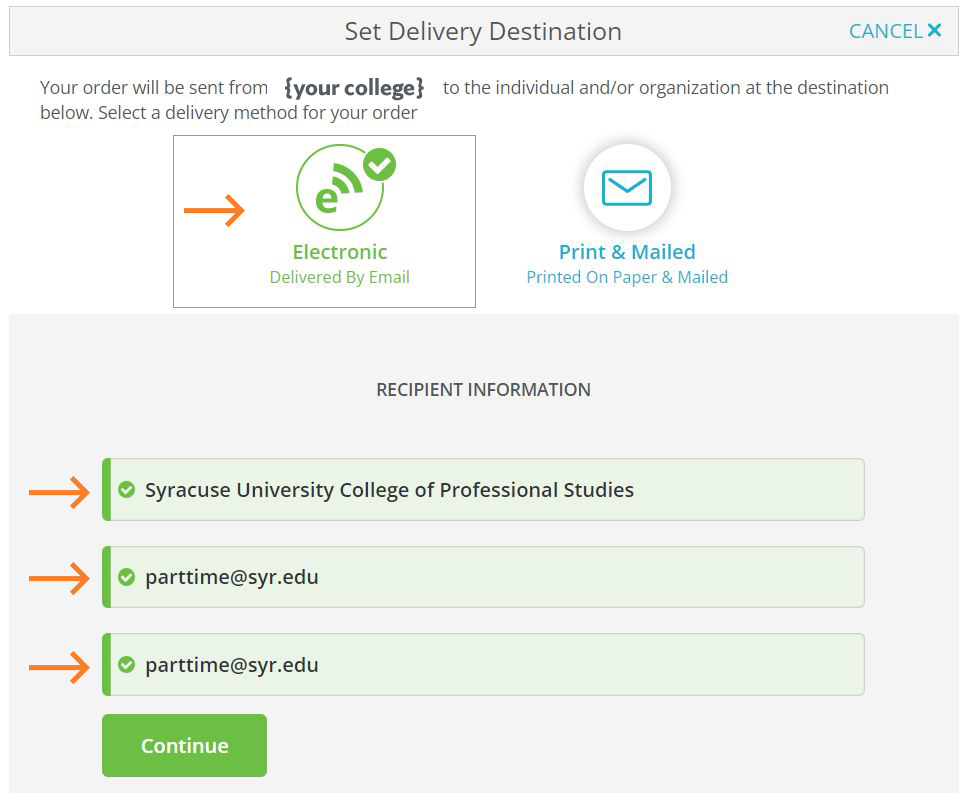 Screenshot showing Syracuse University College of Professional Studies as the recipient and parttime@syr.edu as the recipient email